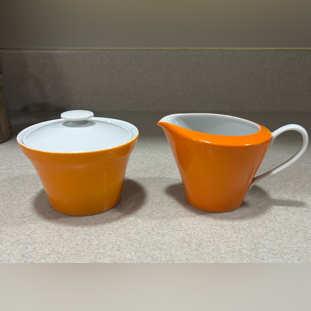 Harmony House Autumn Fantasy Orange Creamer Sugar MCM Vintage Modernist Japan